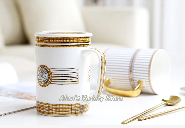 Золотая керамическая кружка с крышкой, фарфоровая кофейная кружка, Китай, чашка из костяного молока в полоску, 400 мл, позолоченная кружка, позолоченная чашка