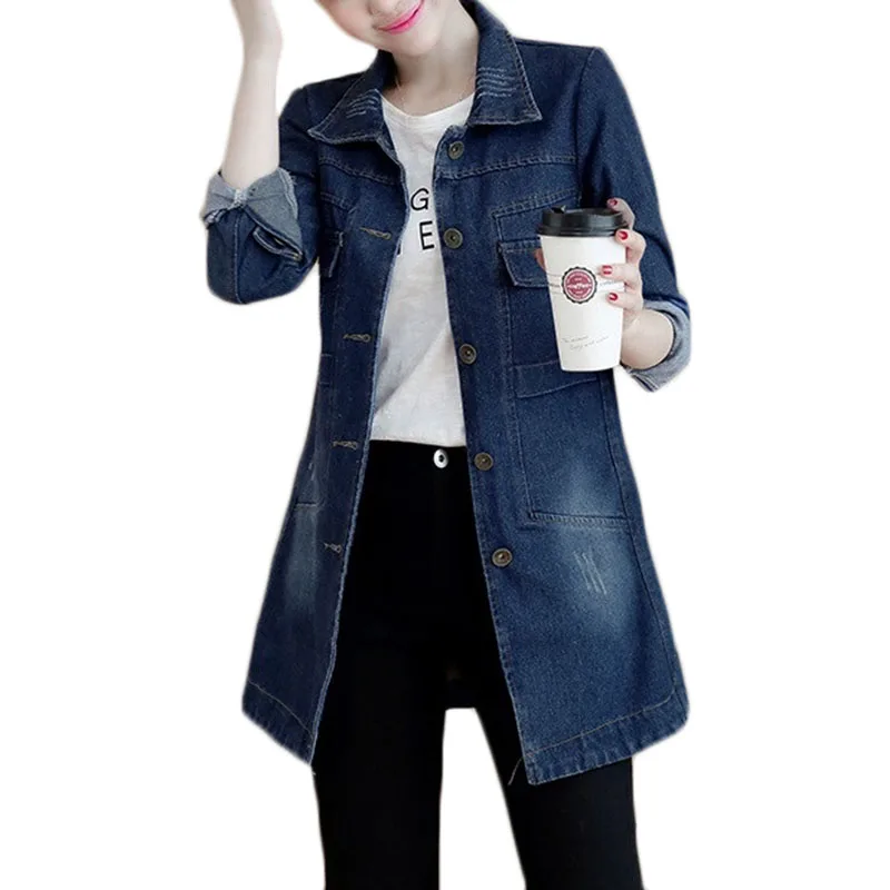 awesome  Autumn Winter Korean Denim Jacket Women Slim Long Base Coat Women's Frayed Navy Blue Plus size Jean