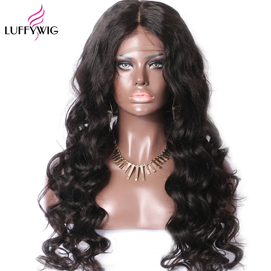 LUFFYHAIR 150% плотность волнистые 13x6 парик фронта шнурка Remy индийские человеческие волосы глубокий парик из натуральных черных предварительно сорванных детских волос