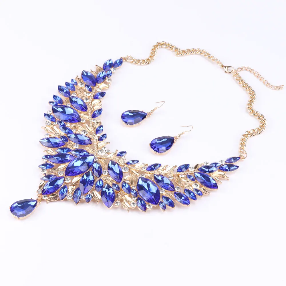 Африканский ювелирный набор, свадебное ожерелье, женский ювелирный набор золотого цвета, ожерелье и серьги, 6 цветов - Окраска металла: Blue