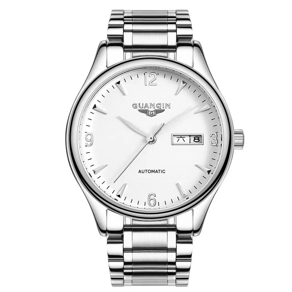GUANQIN роскошные мужские деловые часы Лидирующий бренд автоматические часы мужские недели календарь Сапфир водонепроницаемые Модные механические часы - Цвет: Silver White