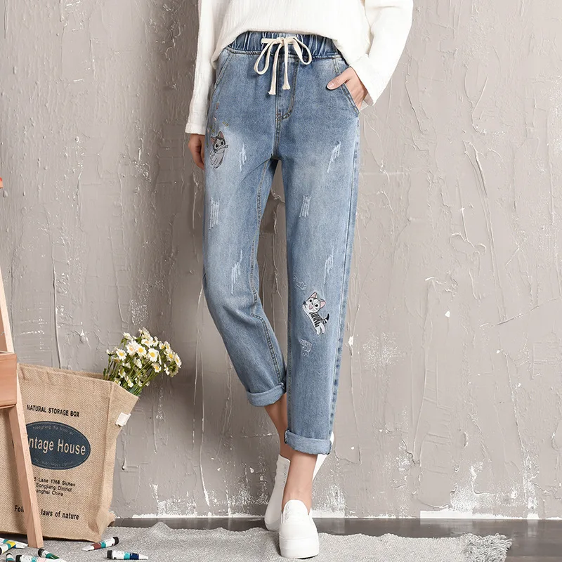 

Plus Size Embroidery Elastic Waist Jeans Women Boyfriend Baggy Drawstring Denim Harem Pants Vintage Ankle Length Trousers 8826