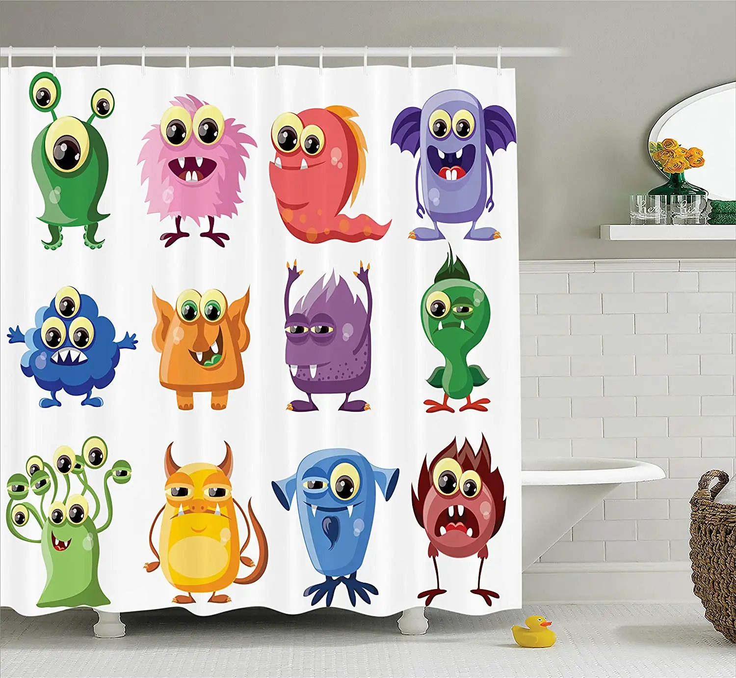 Funny Decor Shower Curtain Set Animated Bacteria Aliens Theme Germ