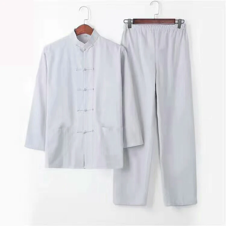2 шт. мужской однотонный костюм кунг-фу китайский традиционный мужской хлопок свободный Wu Shu Tai Chi наборы куртка+ длинные штаны - Цвет: light gray