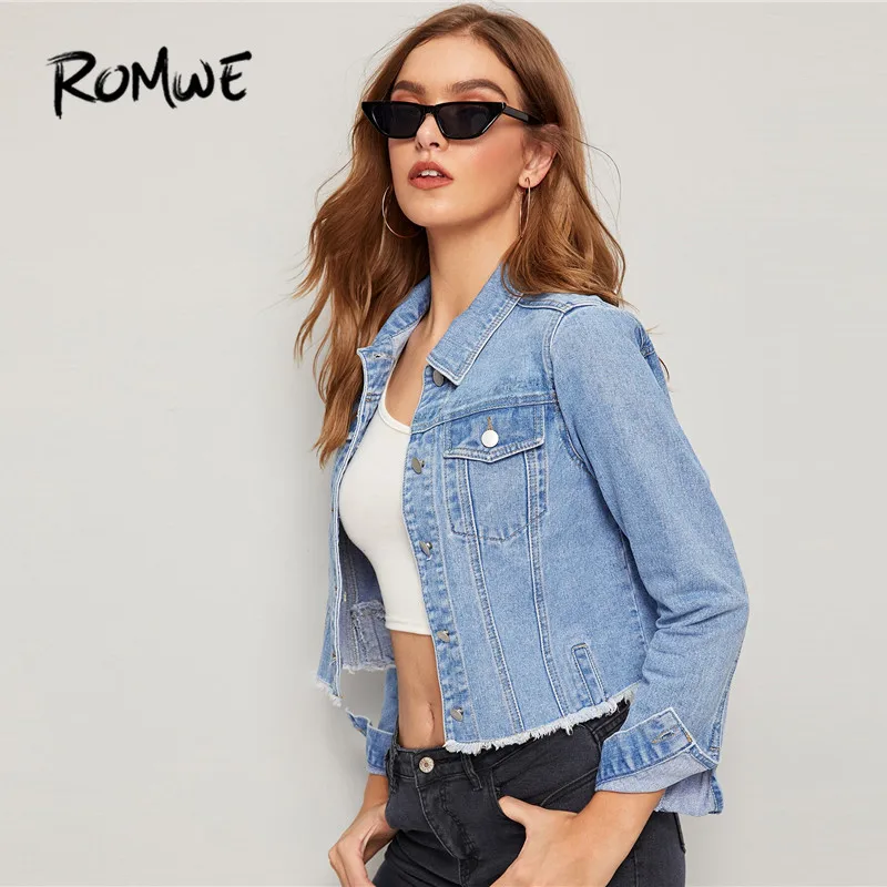 ROMWE потертый подол лоскут карман джинсовая куртка Женская Весенняя Повседневная укороченная куртка с длинным рукавом синяя однобортная джинсовая куртка пальто