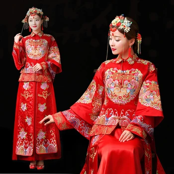 

RED Spring Autumn Especial Fashion Chinese bride wedding gown dress Golden cheongsam Suzhou embroidery female golden Qipao S-XXL