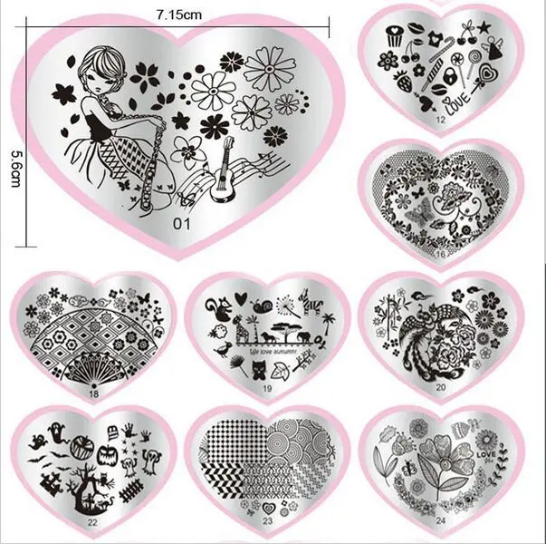 

6Pcs/lot 5.6*7.15CM Stainless Steel Lovely Heart Stamps 3D Nail Art Print Stamper Stamping Plates Templates Stencils For Nails