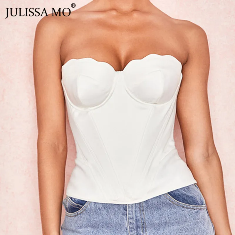 JULISSA MO White PU Leather Summer Tube Tank Top Women Strapless Backless Sexy Tanks Tops Fur Fashion Off Shoulder Bustier Tee