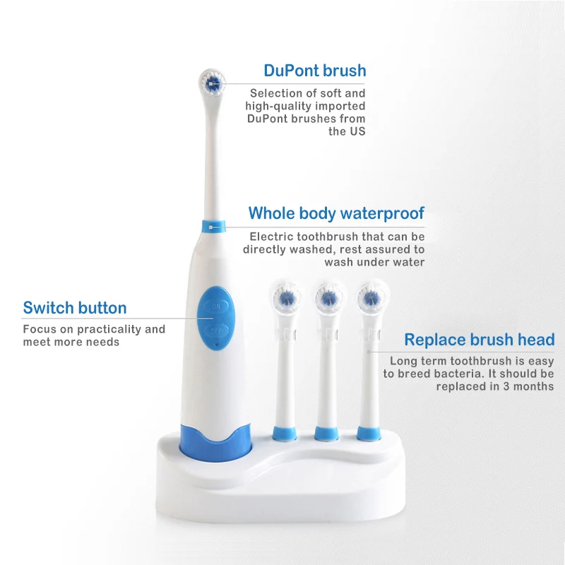 1 комплект Водонепроницаемая электрическая зубная щетка на батарейках без подзарядки с 4 сменными головками синий/розовый для взрослых и детей