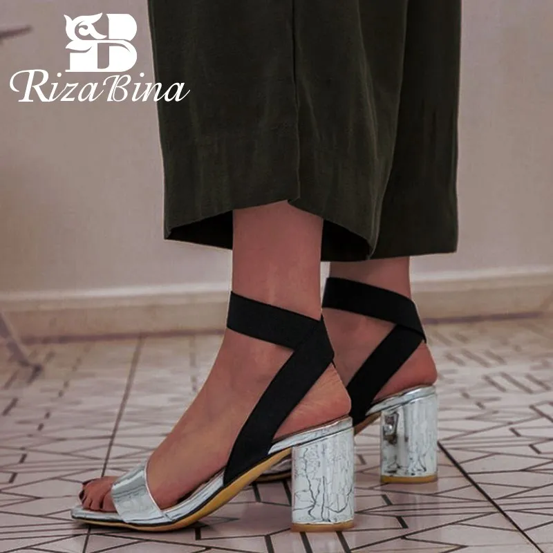 

RIZABINA Sandals Female Open Toe Square Heels Shoes Elastic Band High Heels Shoes Daily Party Club Women Footwear Size 32-43