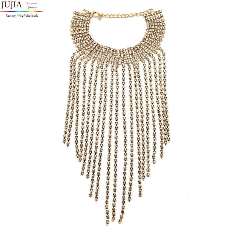 2017 Free Shipping fashion long crystal tassel necklace Europe costume chunky choker statement Necklaces jewelry women NHJJ1944