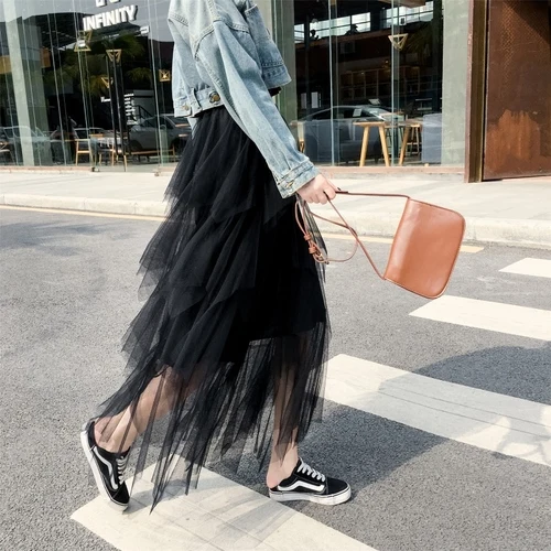 Черный Jupe femme Лето faldas mujer moda новая Корейская Высокая талия юбка Милая сетка тонкие гофрированные юбки Женская Нижняя юбка в стиле "Лолита" - Цвет: Черный