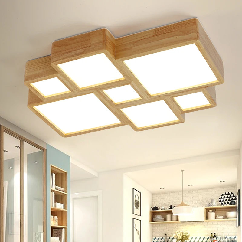 

Led Ceiling Ligh solid wood square atmosphere Nordic Japanese style lamps acrylic modern simple living room lights long ZCL