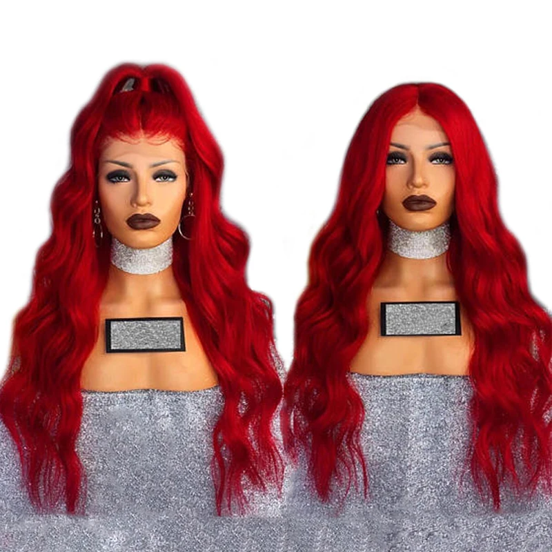 

EEWIGS 180% Density Red Synthetic Lace Front Wig With Heat Resistant Fiber 26 Inch Deep Wave Wigs For Black Women Drag Queen