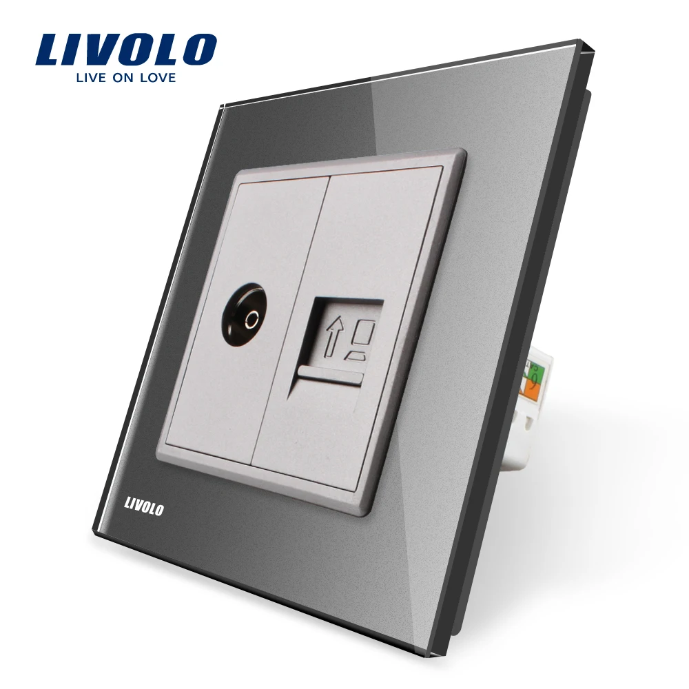 Livolo Manufacture Grey Glass Panel 2 Gangs Wall Computer and TV Socket / Outlet VL-C791VC-15 Without Plug adapter | Обустройство