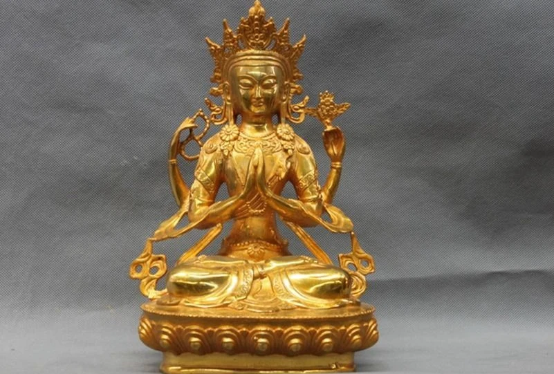 

11"Tibet Buddhist Bronze Copper gilt Four Arms Chenrezig Kwan-Yin Bodhisattva a 0518