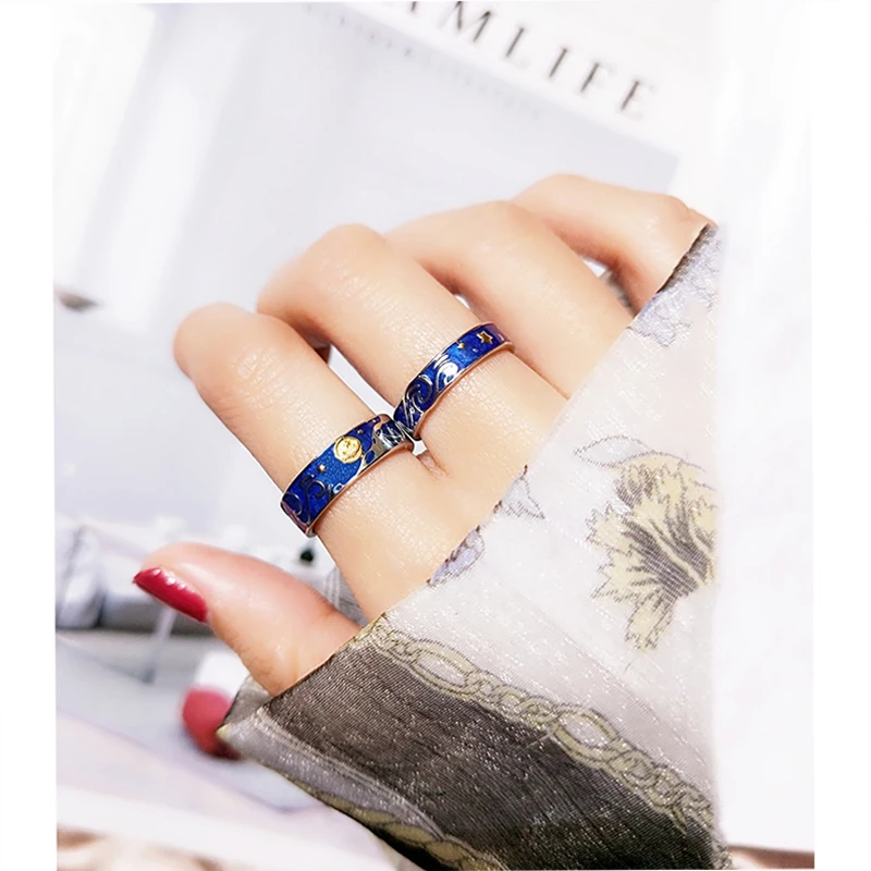 Qevila 100% 925 Sterling Silver Van Gogh Ring Adjustable Starry Sky Moon Enamel men Ring For Women Lover Engagement Wedding Ring (2)