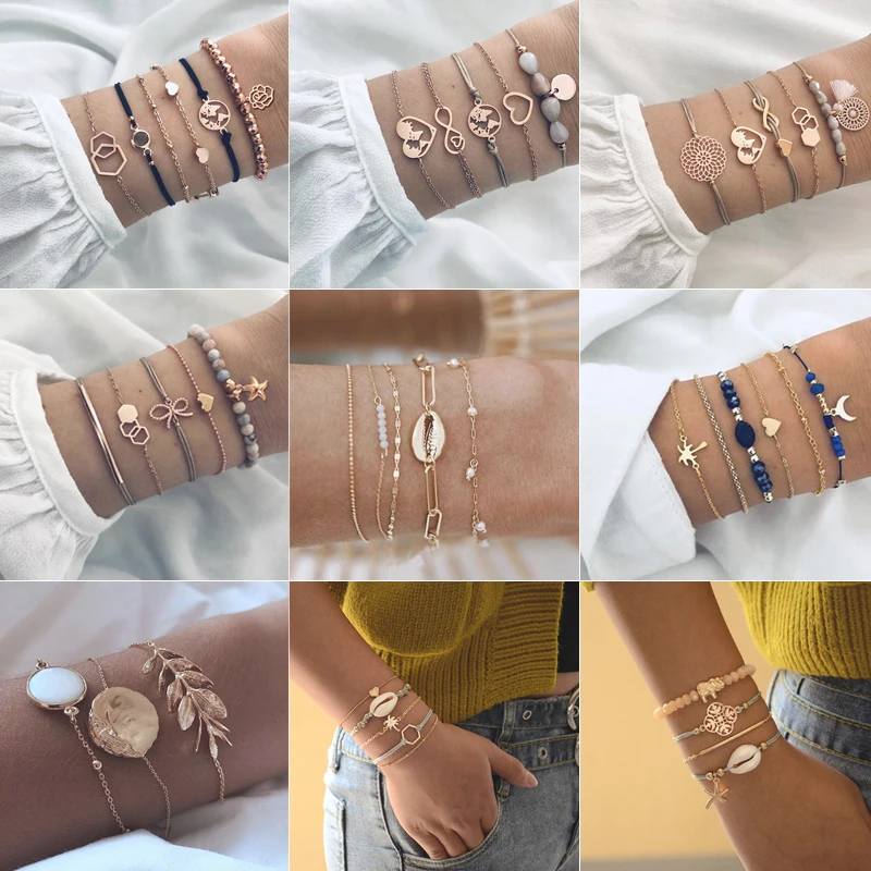 

17 Style Women Boho Bracelet Elephant Heart Shell Star Moon Map Crystal Bead Bangle Charm Party Jewelry Accessories Gifts