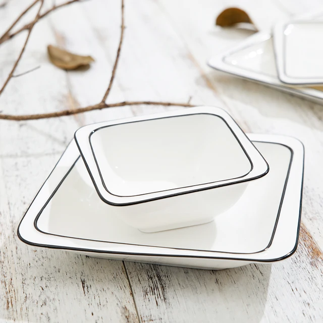 creative White porcelain Square plates black line side dish soup bowls