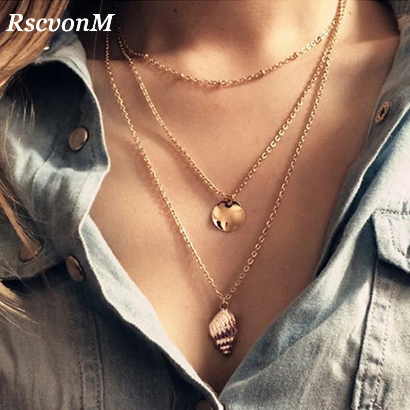 

Trendy Women Multilayer Necklace Gold Color 3 Layers Round Metal&Conch Pendant Choker Chains Necklace Jewelry Bijoux Femme