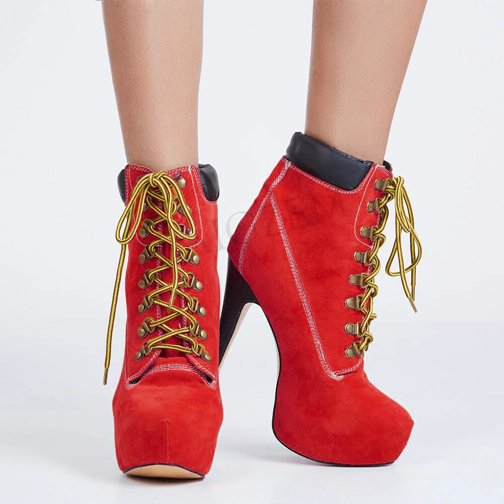 

LAIGZEM Faux Suede Platform Boots Fashion Closed Toe Lace Up Stiletto Heel Booties Ladies Shoes Botines Mujer Large Size 34-52