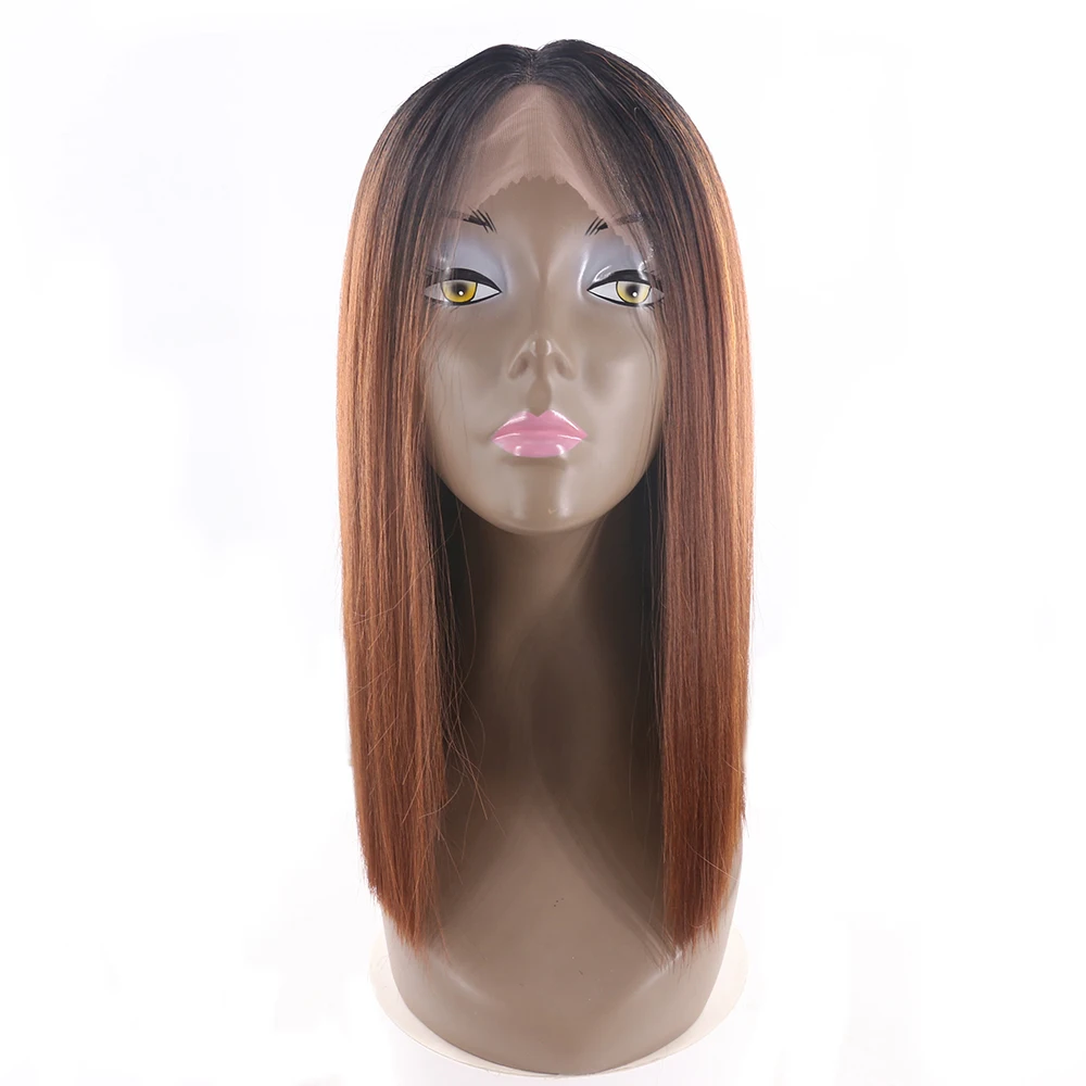 Ombre Black Blonde Red Color Yaki Straight Lace Front Wigs X-TRESS Blunt Natural Hairline Middle Part Synthetic Cosplay Lace Wig