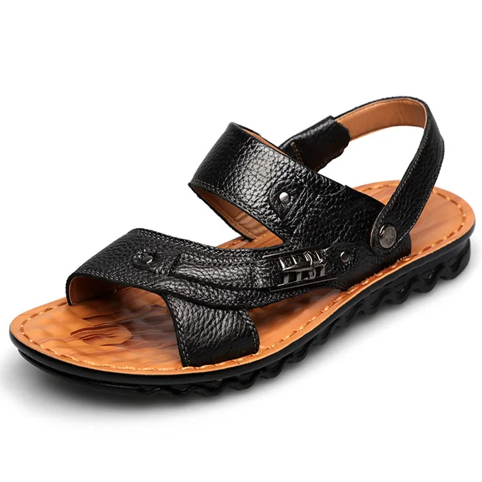 Повседневные пляжные мужские сандалии из натуральной воловьей кожи; дышащая обувь для мужчин; удобная мужская обувь; сандалии; шлепанцы - Цвет: black