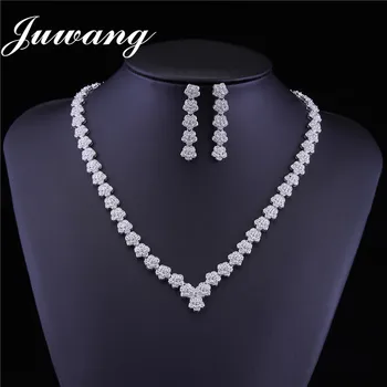 

JUWANG 2018 Brand Luxury Flower CZ Wedding Jewelry Sets for Woman Bride Crystal Necklace Drop Earrings Sets Bridesmaid Jewelry