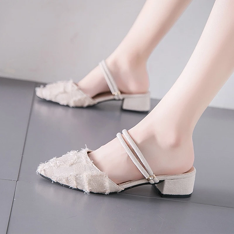 

Woman Shoes Luxury Pointed Toe Shallow Slides Slippers Heels Med Designer Sliders High Cover 2019 Cotton Fabric Basic Fashion