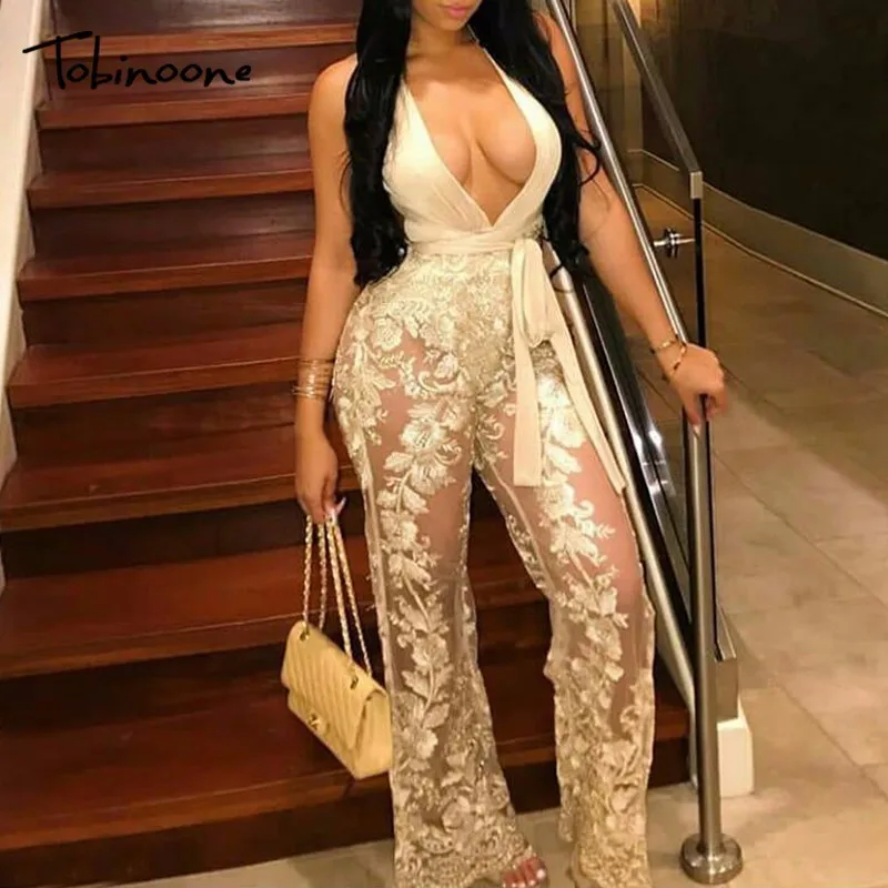 

Tobinoone Embroidery Jumpsuit Women Sexy Transparent Backless Bandage Rompers Night Club Party Casual Elegant Overalls wholesale