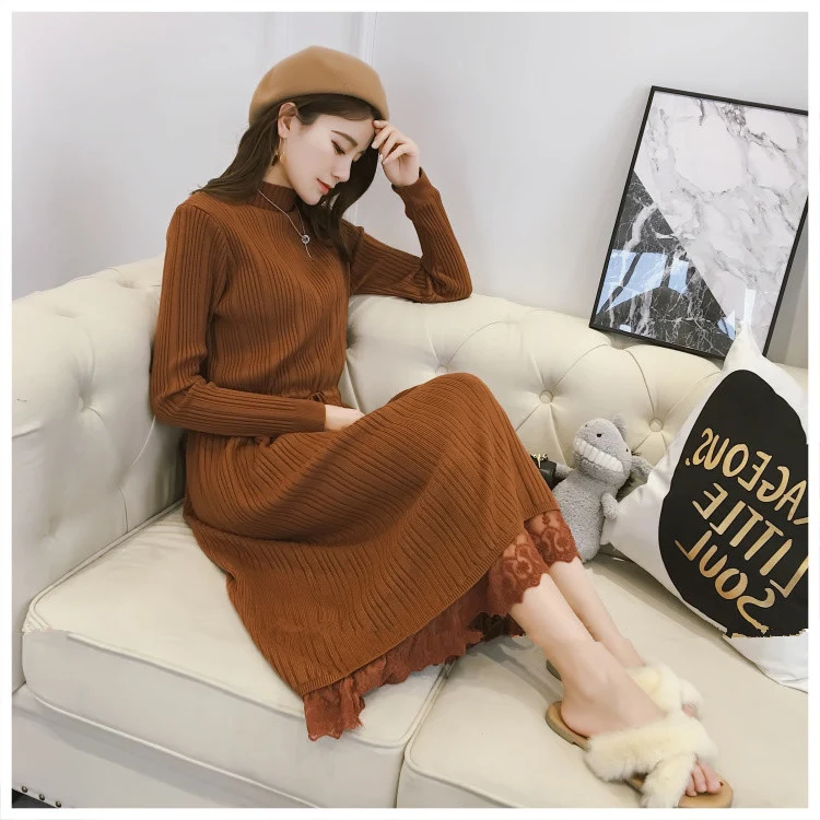 New Knit Midi Dress Women Autumn Long Sleeve Solid Knitting Dresses Female Turtleneck Lace Patchwork Party Dress Casual Clothes