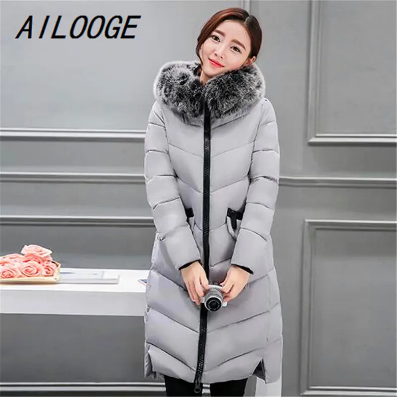 AILOOGE новые модные зимние куртки и пальто пуховик с капюшоном из хлопка с меховым воротником длинное пальто женская теплая верхняя одежда размера плюс - Цвет: Grey