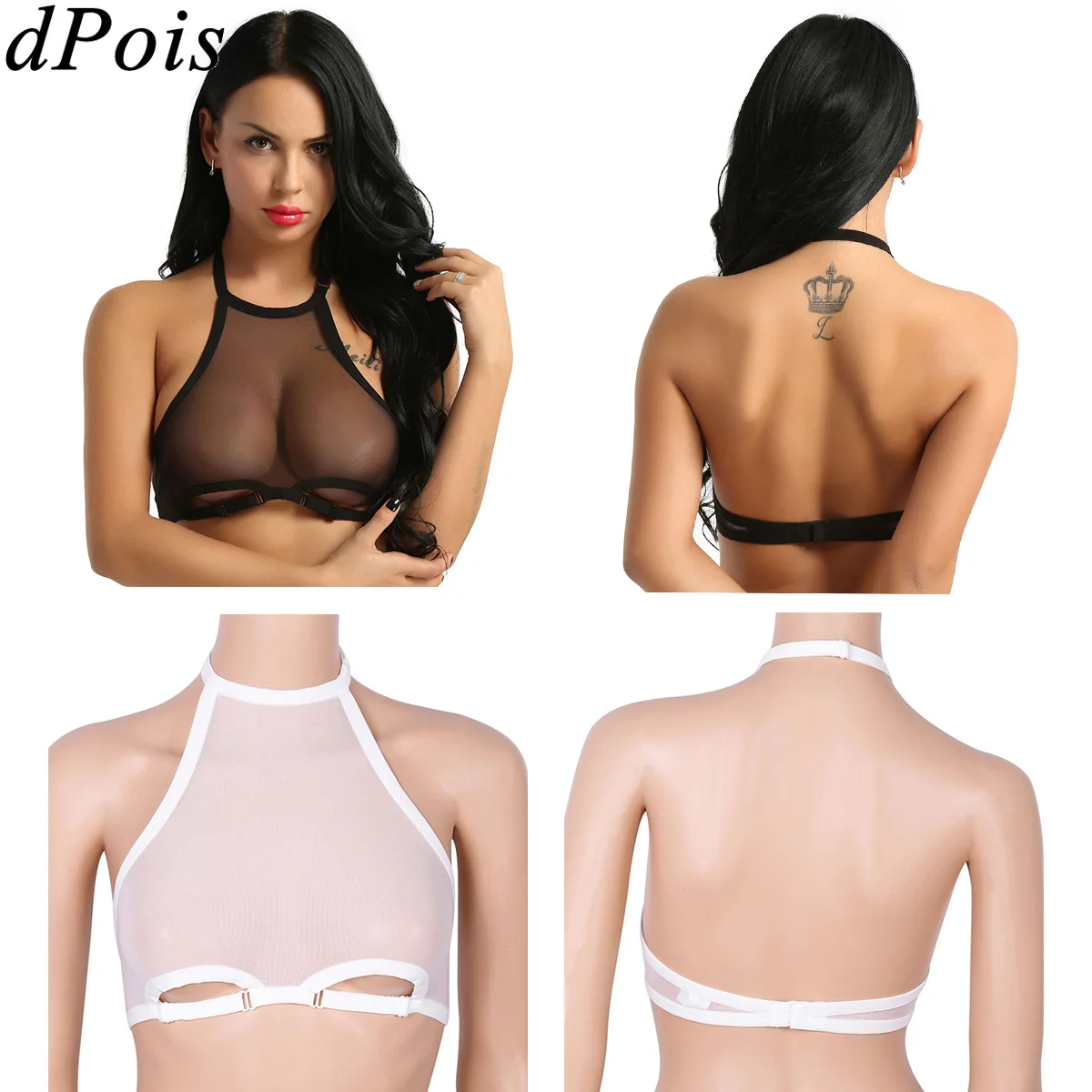 

Sexy Girl Women Wire free Unlined Bra Tops Bikini Top Soft Mesh See Through Hollow Out Halter Neck Backless Cups Top Swimsuit