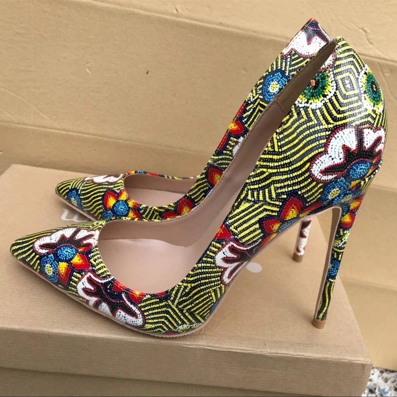 

Brand fashion new pointed yellow high-heeled exquisite printing elegant single shoes 12cm high heel ladies party shoes