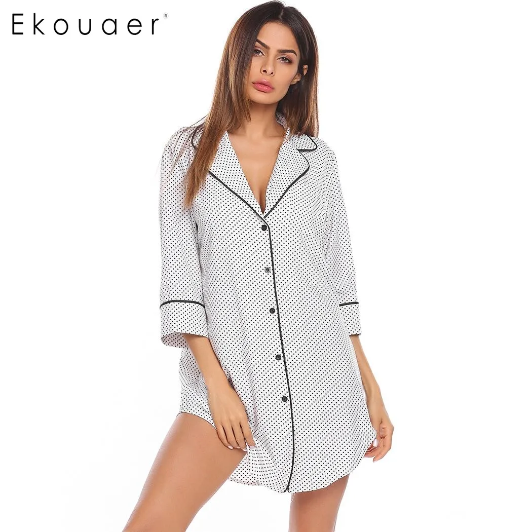 Ekouaer женская ночная рубашка с отложным воротником и рукавом 3/4 Классическая
