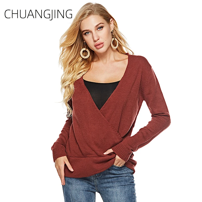

Sexy Knitted Sewater Women Winter 2019 New V-neck Solid Long Sleeve Plus Size Pullovers Sweater Ladies Casual Autumn Sweater