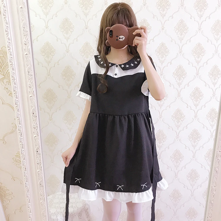 

Japanese sweet lolita dress star embroidery loose peter pan collar slim victorian dress kawaii girl gothic lolita op loli cos