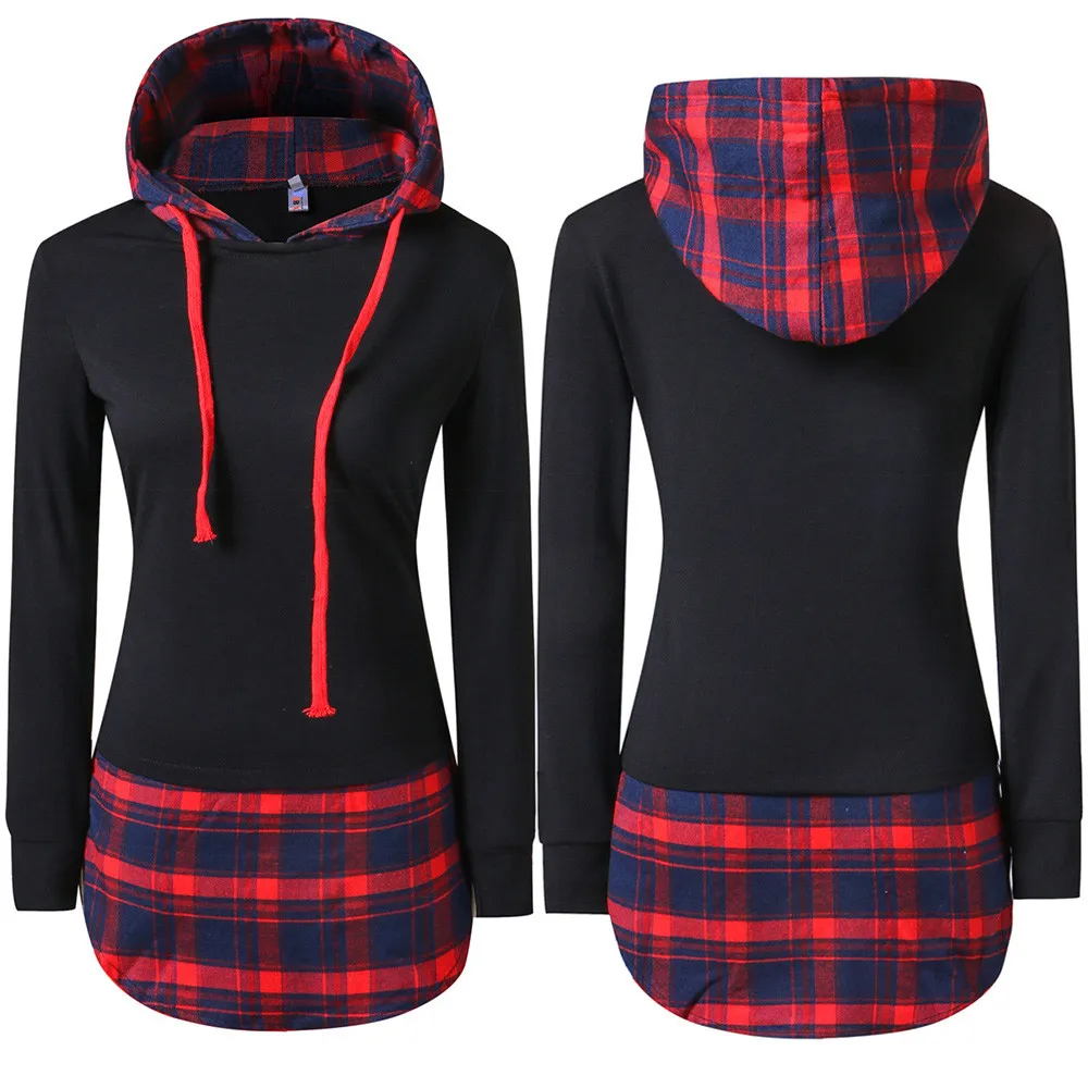 

Women's Plaid Stitching Long Sleeve Sweatshirt Hoodies Tops Blouse Hooded Plaid Autumn girl spring Winter spring Cotton Spandex