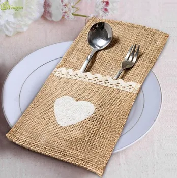 

20 pcs Burlap Lace Cutlery Pouch Wedding Tableware Party Supplies Holder Bag Hessian Rustic Jute Tableware Wedding Accessories