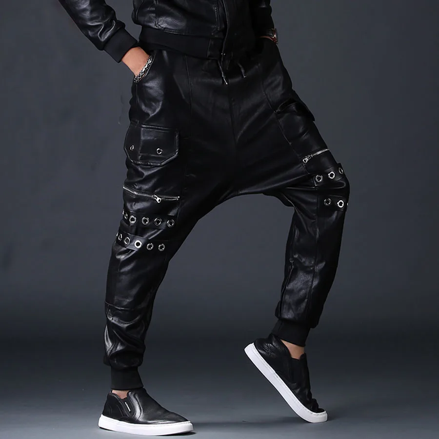 

2019 Faux Leather Men Rivet Jogger PU Velvet Harem Drop Crotch Moto&Bike Jeans Casual Sportwear Pants Male Baggy Slacks Trouser