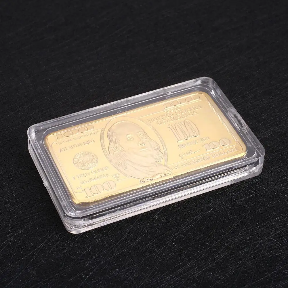 

Bullion Bar Souvenir Coin Gold Bullion Bar Art Collection 24K Gold-Plated Square Modern 100 Dollars Gold Gift