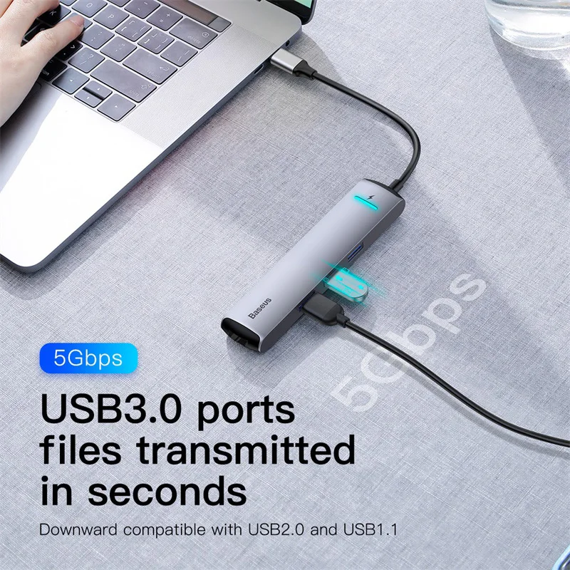 Baseus 6 puertos USB tipo C para USB 3,0 de USB C para MacBook Pro LED USB HUB RJ45 HDMI para samsung S8 S9 Huawei P20 amigo 20 tipo C HUB - 3
