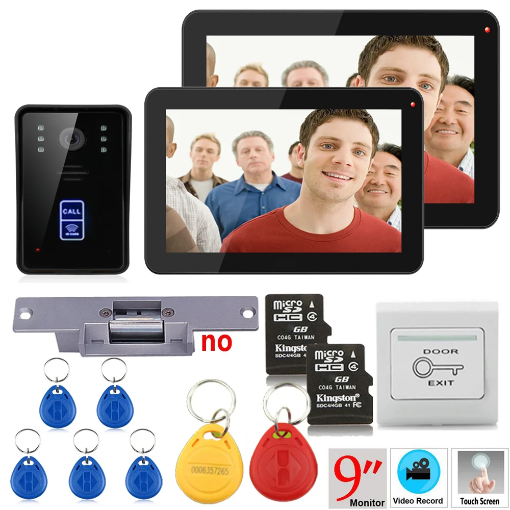 9inch 2 Monitors Recording RFID 900TVL Color Video Door Phone Intercom Kit Rainproof Night Vision 8G TF Card+Electric Strike 9inch 2 Monitors Recording RFID 900TVL Color Video Door Phone Intercom Kit Rainproof Night Vision 8G TF Card+Electric Strike