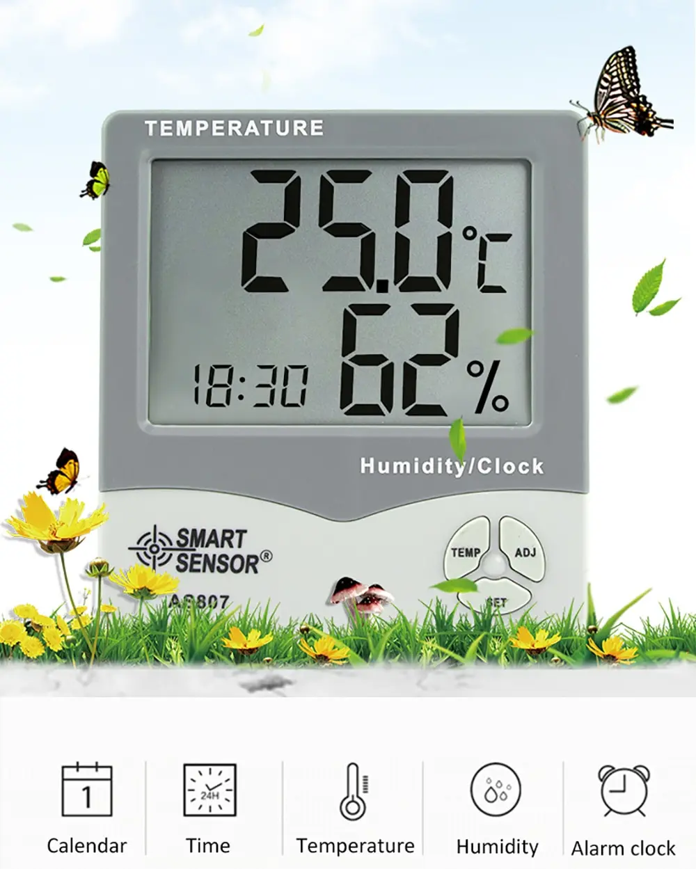 

Smart Sensor AS807 Digital Hygrometer Thermometer Humidity Temperature Meter Tester Weather Station with Calendar & Clock Alarm