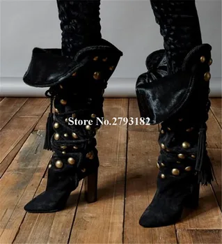 

New Arrival Women Winter Pointed Toe Black Suede Gold Metal Rivet Knee High Chunky Heel Boots Lace-up Strap Cross Long Boots