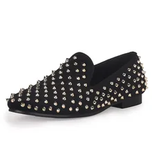 Black Mens Velvet Loafers Gold Rivets Smoking Slippers Handmade Spikes Wedding Shoes Red Bottom Sole Free Shipping Size 7-14