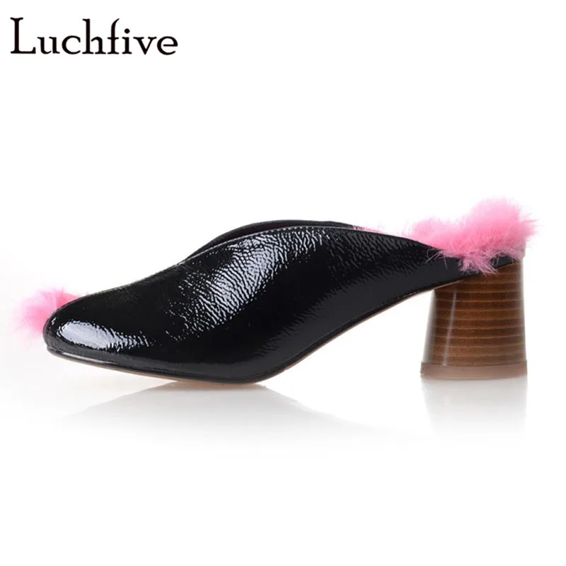 

2018 Fall winter warm fur slippers for women peep toe flip flops high heels mules runway wrinkled leather shoes zapatos mujer
