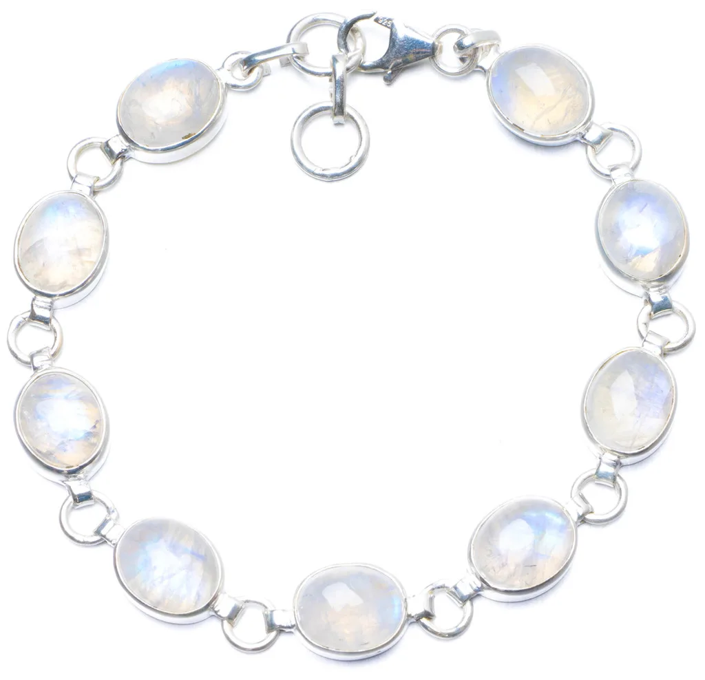 Natural Rainbow Moonstone Handmade Unique 925 Sterling Silver Bracelet 7 1/4-7 3/4 Y0839