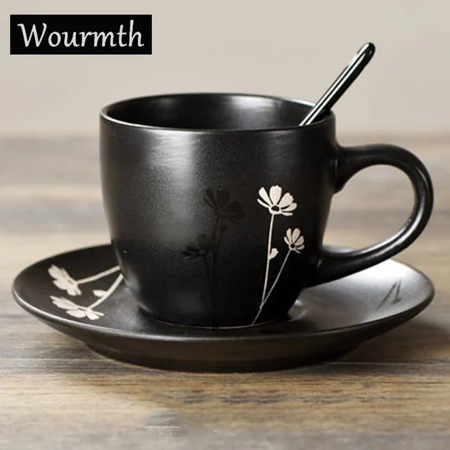 WOURMTH 250ML Black Japanese style Ceramic Tea Cup Set Coffee Cup And