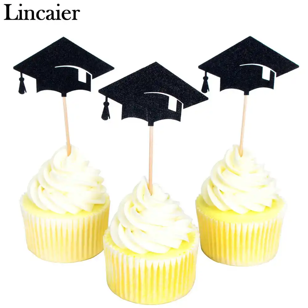 6pcs Bachelor Hat Cap Cupcake Toppers Graduation Party Grad Cake